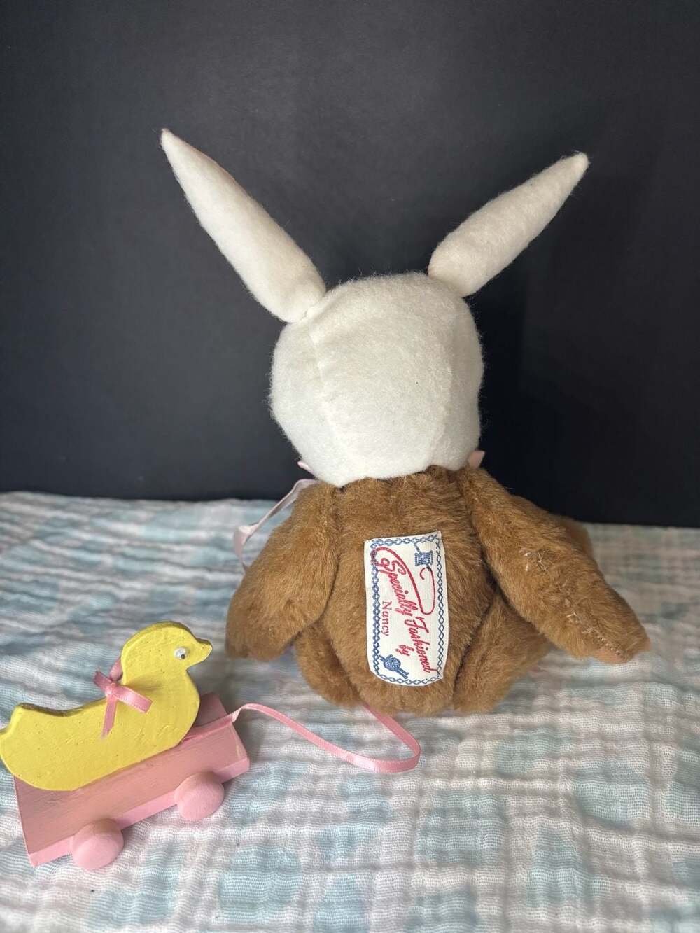 Vintage Specially Fashioned by Nancy Plush Teddy Bear in Bunny Hat with Wooden D - Picture 6 of 6